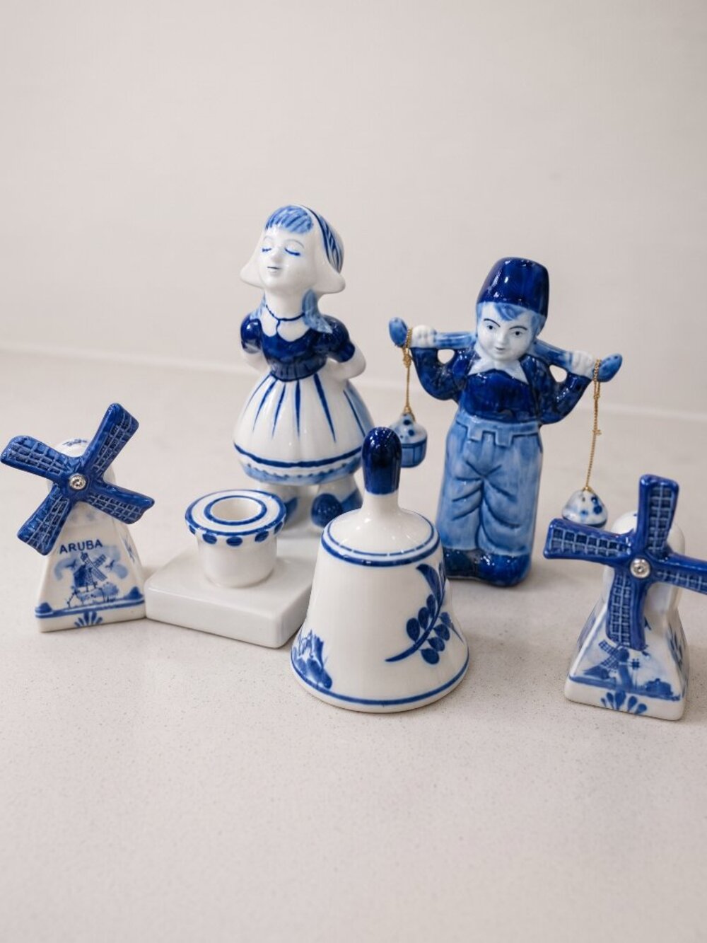Vintage Blue & White Delft Holland Ceramic Figurines & Mini Windmills (Set of 5)
